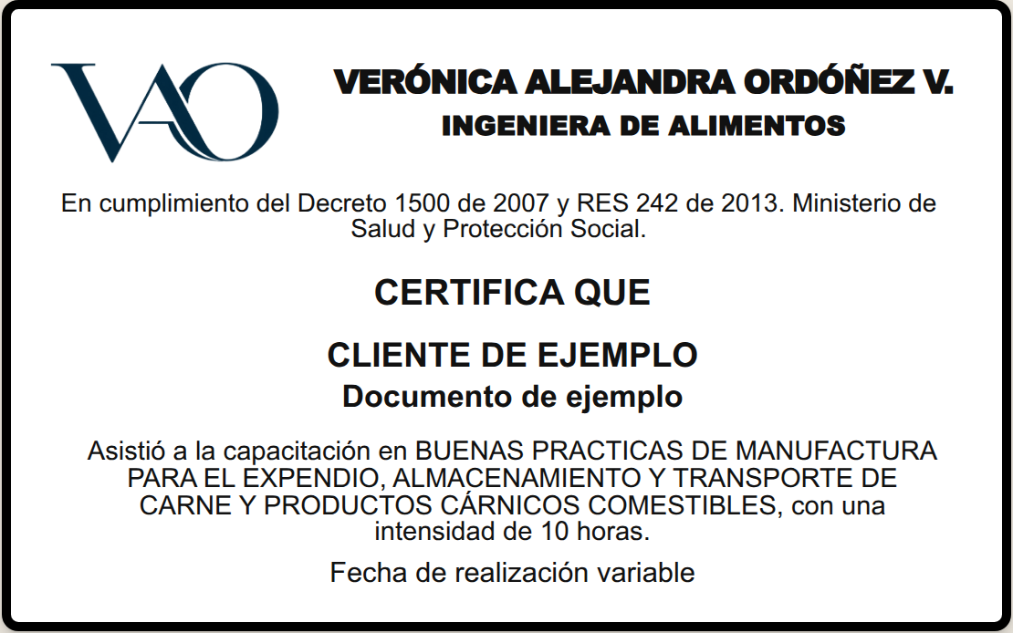 Vista previa de un certificado de capacitación en productos cárnicos